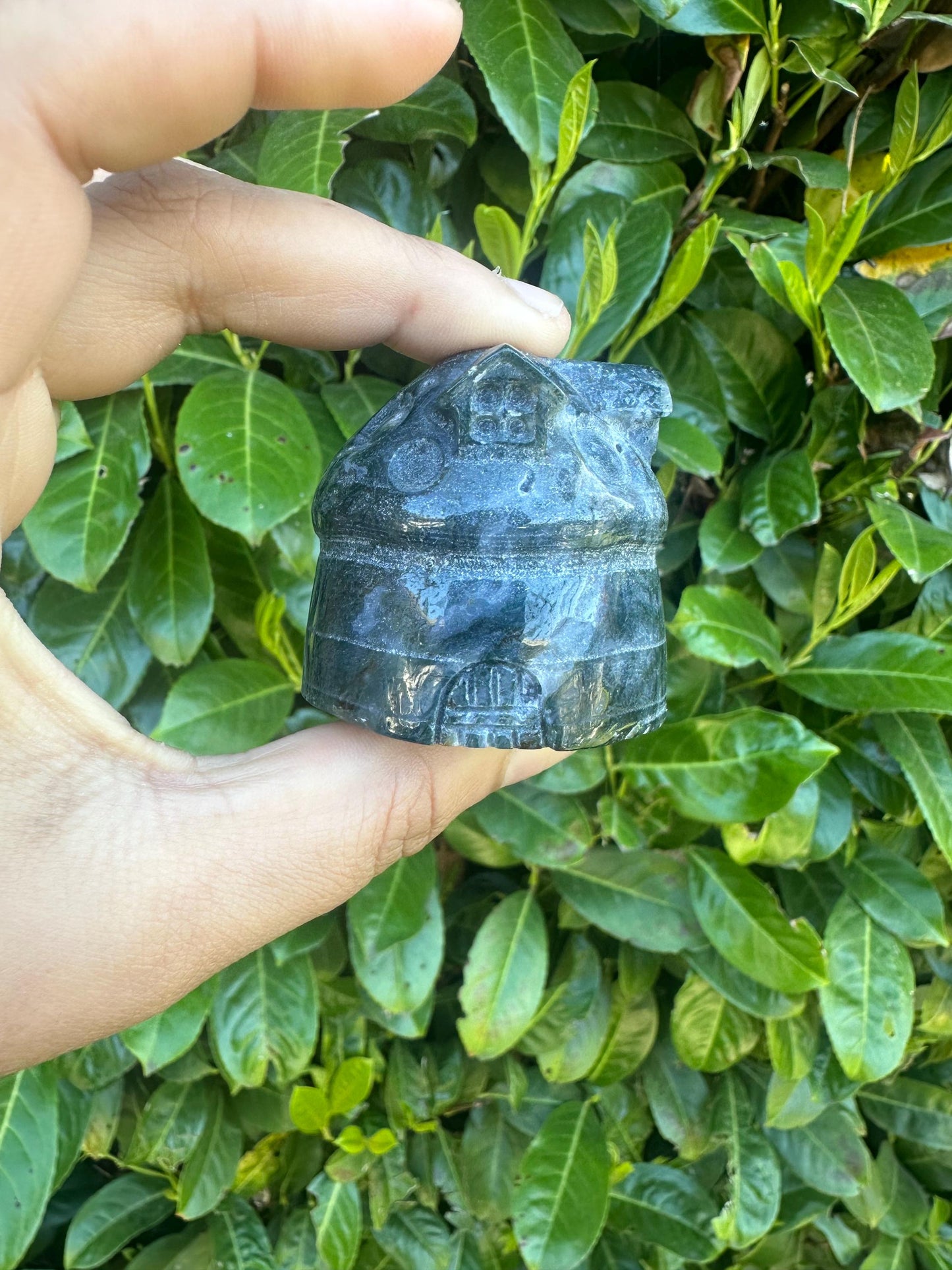 Moss Agate Cottage House Crystal Carving