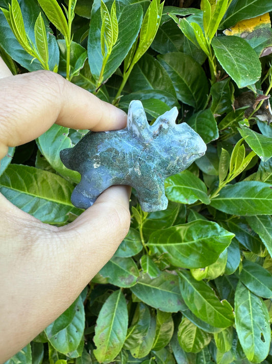 Moss Agate Triceratops Crystal Carving