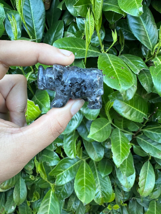 Larvikite Rhino Crystal Carving